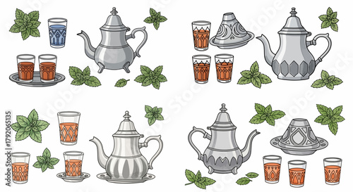 Moroccan tea set with mint leaves