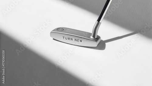 Shiny silver golf putter casting a long shadow on white