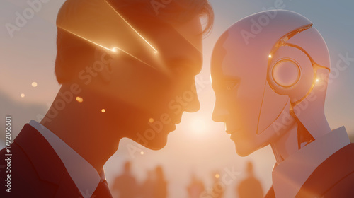 Synthetic Soulmates: An ethereal image of two figures, one human and the other robotic, face each other intimately, bathed in the soft, dreamlike glow of an orange hue.