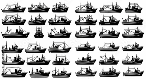 Fishing boats collection with transparent background