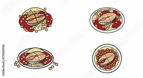 Fish dish with vegetables and sauce on plates