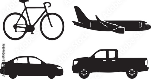 vector silhouette of various vehicles — car, truck, motorcycle, bicycle, airplane, white background
