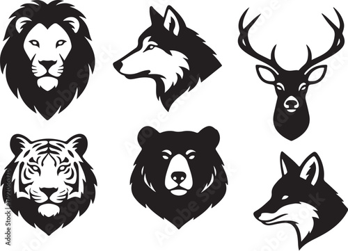 Vector silhouette of wild animal heads — lion, wolf, tiger, deer, bear, fox, white background, modern flat style