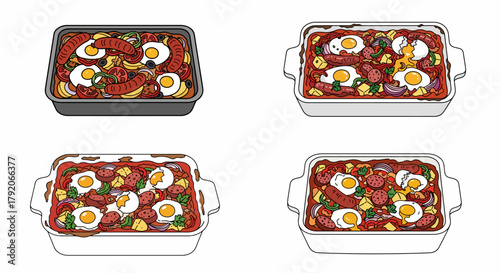 Baked dish with eggs, sausage, and vegetables