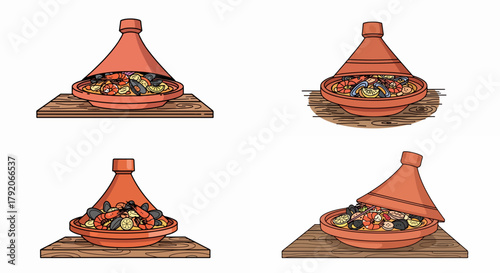 Seafood tagine in clay pot with lid