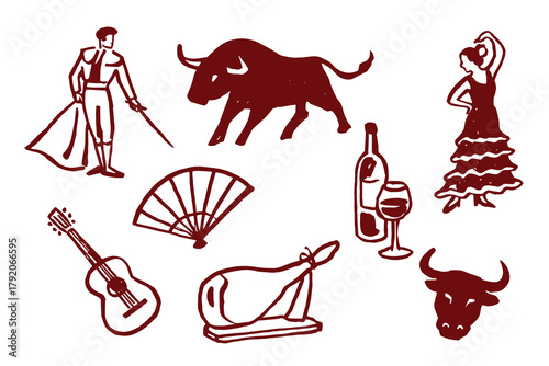 Spain icons matador bull flamenco guitar wine hand-drawn vector