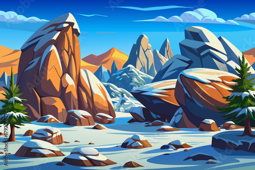 Massive granite rocks surrounded by snow-covered ground under clear blue winter sky