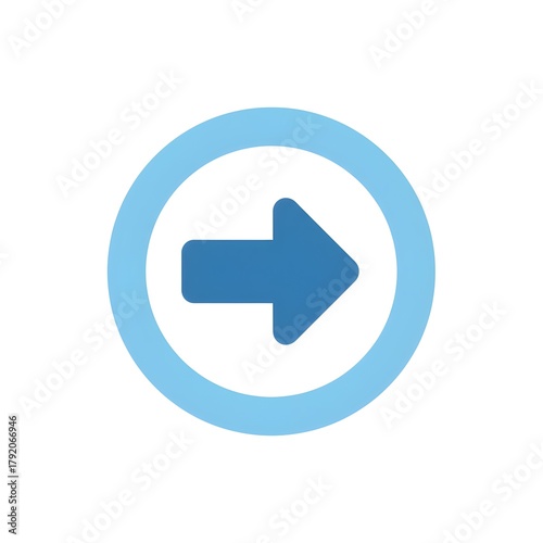 Blue arrow pointing right inside a light blue circle isolated on transparent background