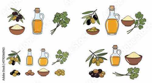 Olive oil, herbs, and spices food ingredients collection