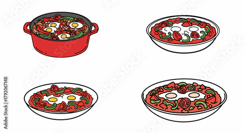 Shakshuka dish in bowls and pot, Middle Eastern breakfast