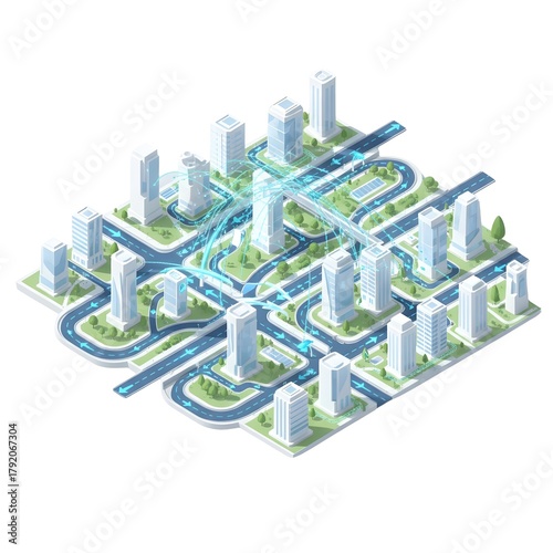 Isometric futuristic city with smart roads and green spaces isolated on transparent background