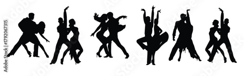 Couple of ballroom dancers set. Woman and man dancing. Vector silhouettes of dancers. Isolated illustration.