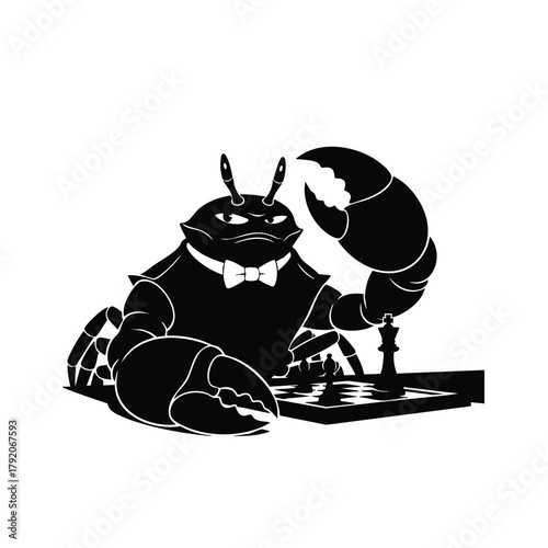 Crab silhouette playing chess with king piece smart strategy thinking on white background vector design