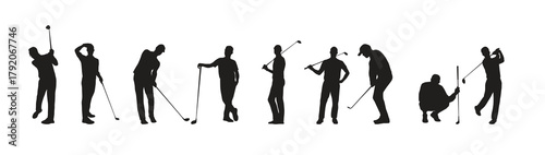 Collection of golf player male silhouettes in different poses