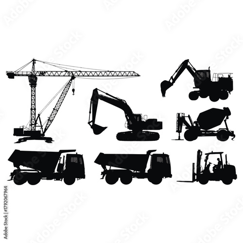Collection of black construction vehicle silhouettes including crane excavator dump trucks and forklift