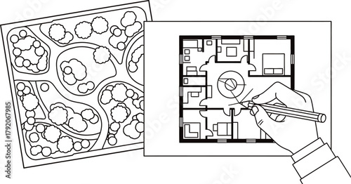 Architect designing house plan and park layout for a new residential development