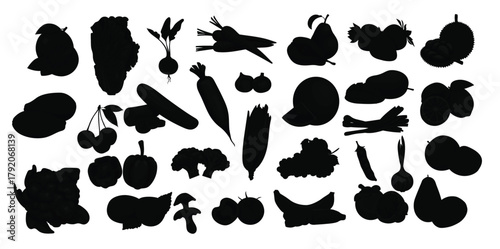 collection of fresh fruits and vegetables in cartoon style 