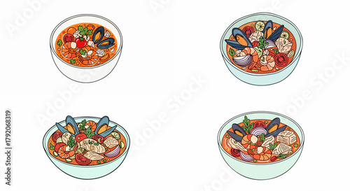 Seafood soup bowls with colorful ingredients