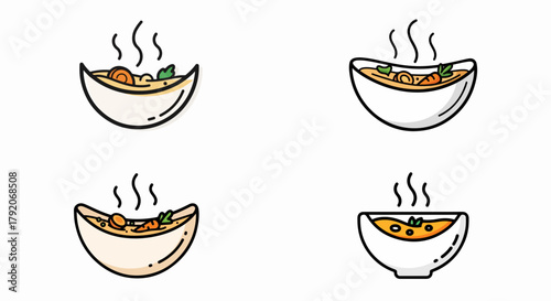 Four bowls of soup with steam
