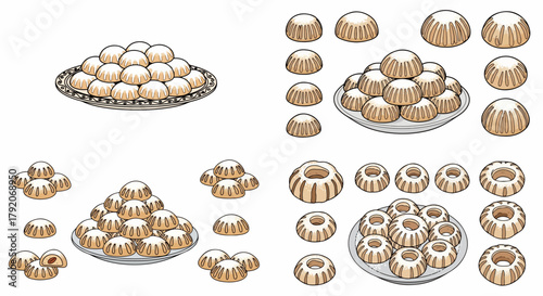 Middle Eastern pastries on plates and scattered