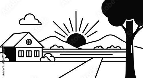 Minimalist sunrise over countryside home, evoking peace and serenity in nature