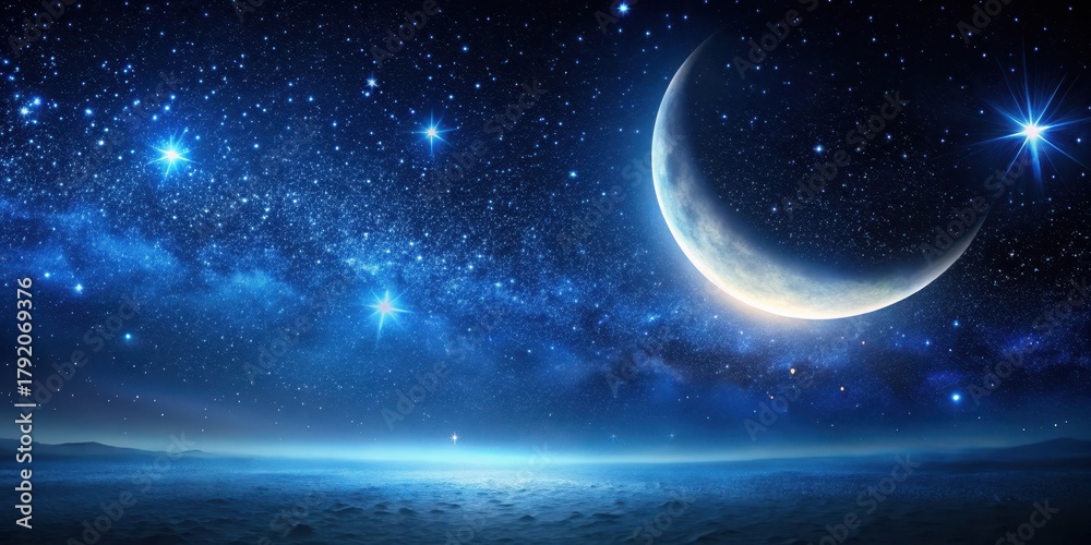 Fototapeta premium Dark blue night sky with a bright crescent moon and numerous shining stars against the blackness