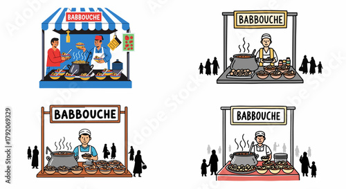 Street food vendor scene with people and bowls