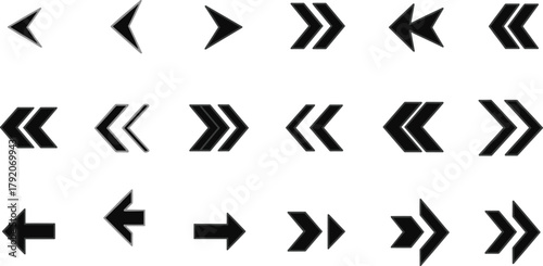 Arrow symbol vector set with left and right directional icons, black silhouette illustrations on white background for UI, navigation, and design themes