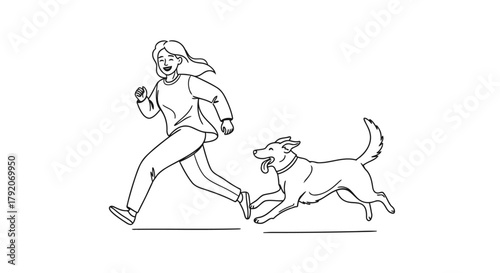 Cute Girl Running with Dog Outline Illustration