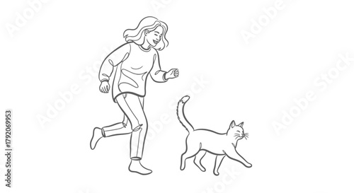 Cute Girl Running with Cat Outline Illustration