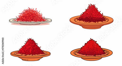 Red shredded food on plates, various arrangements