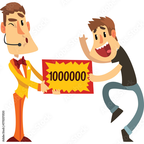 Game Show Host in Yellow Suit Presenting a Million Dollar Prize Sign to an Excited Man in Black T-shirt and Blue Jeans Isolated on White Background