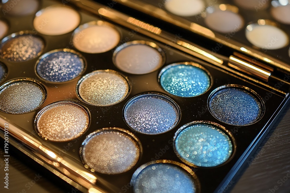 Naklejka premium A palette of eye shadows and professional brush in trending color of year 2025.