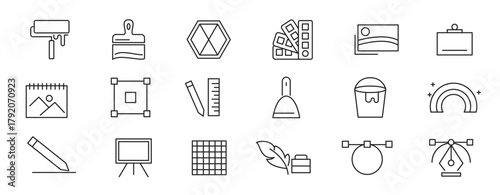Design, art, Creative line icon set.  Inspiration, ai design, painting, creative tools, creativity, ideas, innovation, graphic design, portfolio.