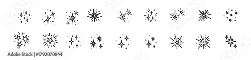 Doodle star icon set. Sparkle glitter vector elements. Merry Christmas and happy New year decorations, confetti, firework. Shiny blink, sparkle lights, bling, twinkle crayon drawing