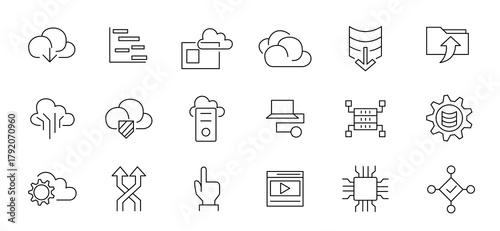 Data storage thin line icon set. Big data, data security, data storage, data visualization, data management, database, sever, monitoring, network,cloud computing