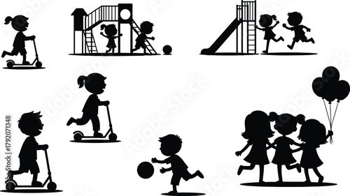 Children playing in playground silhouette, kids on scooter, running, climbing, holding balloons, outdoor fun, childhood activity, social interaction, happy moments, black vector illustration