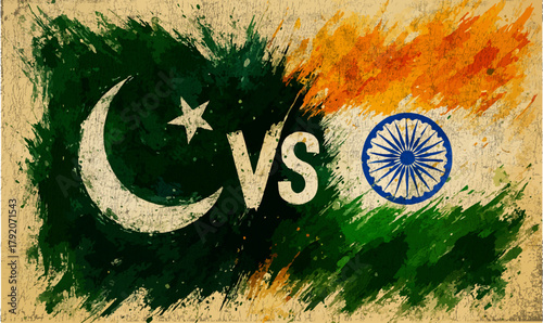 Pak vs Ind, Grunge Brushstroke Flag Design, Pakistan vs India flag, Pak India artwork, abstract rivalry art, grunge patriotic design, distressed flag painting, paint splatter texture, sports, 