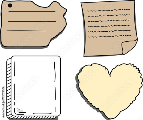 Assorted paper shapes and notebooks with shadow, flat design illustration