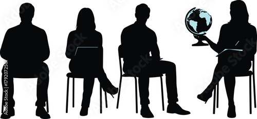 Silhouette classroom scene with globe, global education concept, seated students, learning environment, black and white vector, cultural awareness, academic illustration design