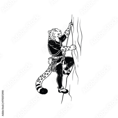 Leopard Anthropomorphic Climber Silhouette on White Background Ascending Steep Rock Face with Climbing Gear