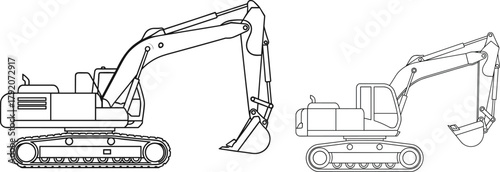 Excavator side view technical drawing, construction machinery blueprint, hydraulic arm illustration, heavy equipment sketch, engineering diagram, industrial vehicle outline, mechanical design concept