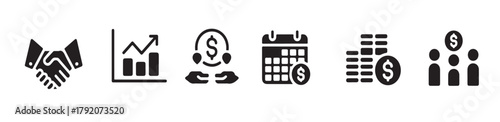 eight black glyph style business and finance icons set on