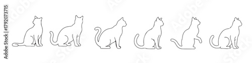 eight black line drawings of cats in various sitting poses