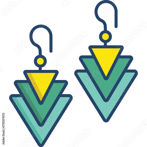 Geometric Layered Teal Blue and Yellow Drop Earrings with Hook Backing and a Subtle Outline Detail on a Transparent Background Representing Modern Fashion Accessories