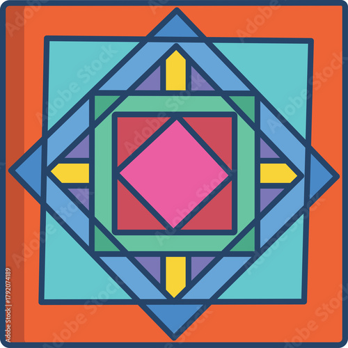 Geometric Mandala Design With Pink Center Square And Teal Blue Outer Square In A Symmetrical Pattern On A Transparent Background With Orange Border