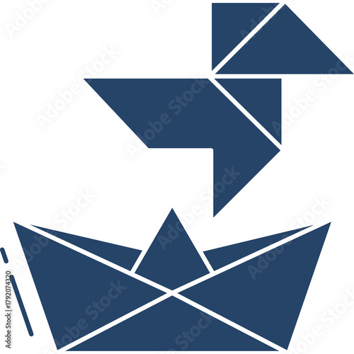 Geometric Origami Duck Toy Floating On Paper Boat With Transparent Background In Dark Blue Color Tone