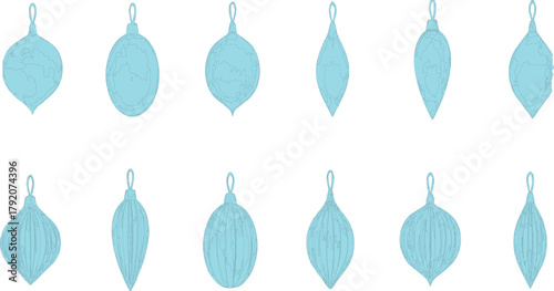 described features a visually appealing arrangement of twelve cyan-colored  ornaments, showcasing a variety of shapes and intricate designs