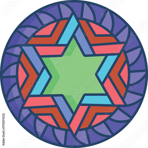 Geometric Star Mandala With Interlocking Shapes In Blue Red Teal And Green Hues On Transparent Background