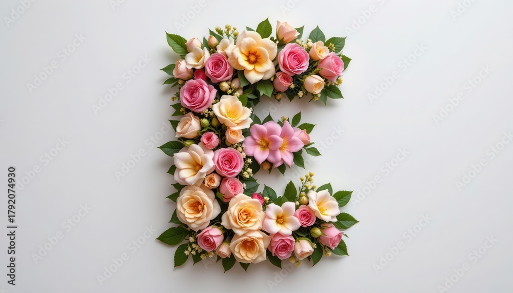 Obraz premium Floral Arrangement in the Shape of the Letter E with Colorful Roses and Green Leaves on a White Background